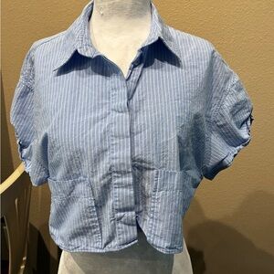 Zara Blue Striped Button Down Cropped Shirt